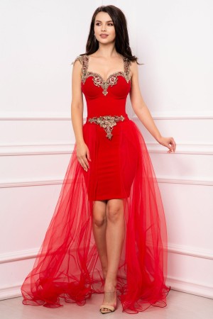 Rochie de seara eleganta Marylin rosie cu trena detasabila (23782)