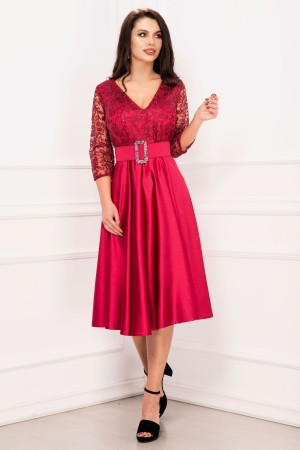 Rochie de soacra midi din tafta bordo cu dantela la bust si centura pretioasa (23491)