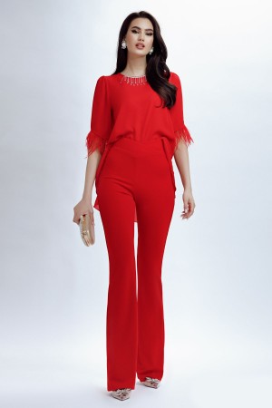 Pantaloni evazati eleganti Fofy rosii cu betelie petrecuta (23442)