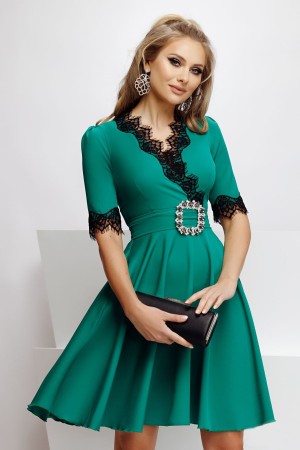 Rochie eleganta Fofy verde in clos cu dantela neagra aplicata (23295)