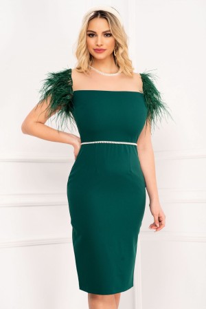 Rochie de ocazie verde Pretty Girl cu maneci din pene (22732)