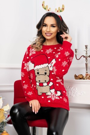 Pulover de Craciun rosu din tricot cu imprimeu Baby Ren (22712)