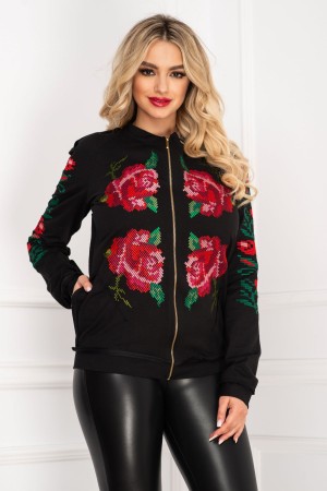Jacheta neagra din bumbac cu broderie colorata traditionala