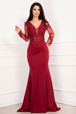 Rochie de seara bordo pretioasa tip sirena cu broderie aplicata si margele (22153)