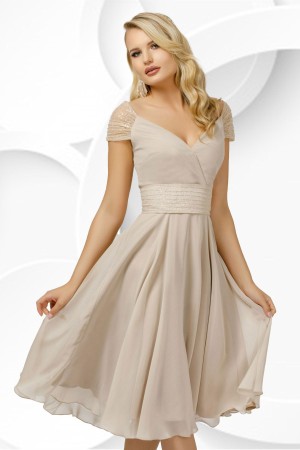 Rochie eleganta Pretty Girl din voal bej cu detalii din tulle si paiete (22110)
