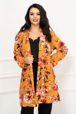 Blazer dama lejer mustar cu imprimeu floral si cordon in talie (22022)