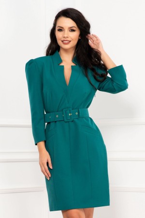 Rochie office eleganta verde dreapta cu centura in talie (21985)