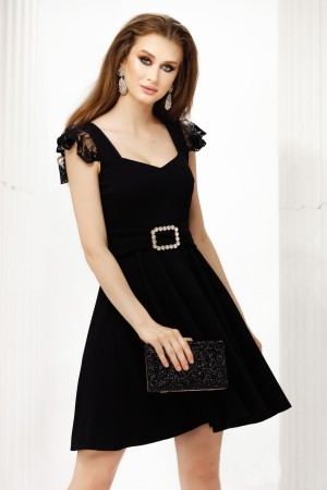 Rochie eleganta Fofy neagra in clos cu volanase din dantela la umeri (21795)
