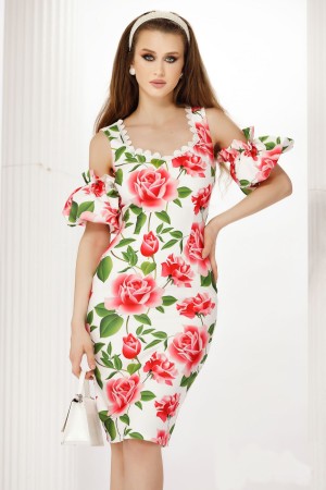Rochie Fofy alba cu imprimeu trandafiri si maneci detasabile (21748)