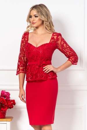 Rochie MBG conica de ocazie eleganta rosie cu broderie si paiete (21519)