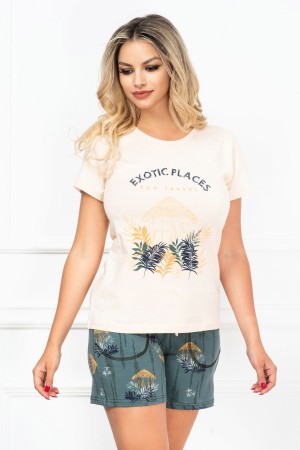 Pijama dama din bumbac din doua piese cu imprimeu tropical (21223)
