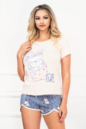 Pijama de dama trendy din doua piese cu imprimeu ursulet cu fundita (21224)