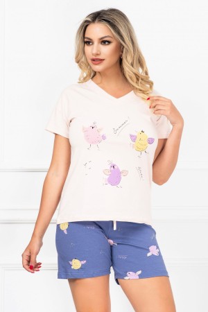Pijama de dama din doua piese cu imprimeu puisori colorati (21219)