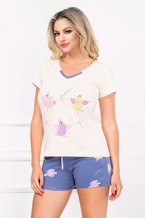 Pijama de dama din bumbac cu puisori colorati (21218)