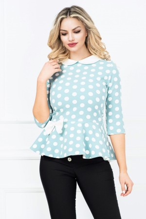 Bluza InPuff turquoise cu buline si peplum cu funda ecru in talie (20988)