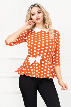 Bluza InPuff caramizie cu buline si peplum cu funda ecru in talie (20986)