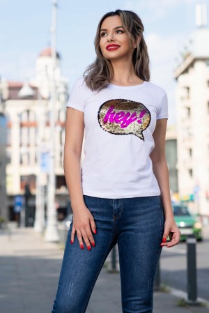 Tricou casual alb cu paiete reversibile (19051)