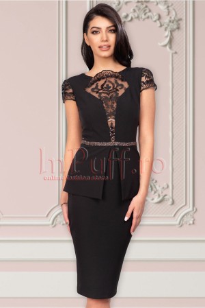 Rochie de ocazie MBG neagra din stofa cu decolteu transparent si strasuri in talie (18126)