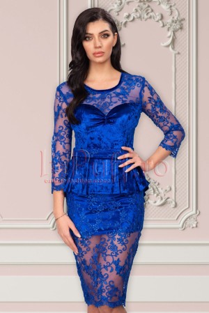 Rochie Atmosphere albastra de ocazie midi conica din catifea si tul brodat cu peplum in talie (17479)