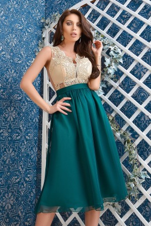Rochie midi de ocazie Atmosphere din voal verde cu dantela in zona bustului (15814)