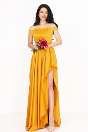 Rochie Pretty Girl eleganta mustar din tafta lasata pe umeri (12214)
