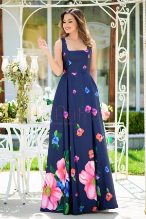Rochie MBG de seara lunga bleumarin cu imprimeu floral (11075)