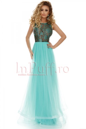 Rochie Atmosphere lunga din tul mint cu dantela verde in zona bustului (11211)
