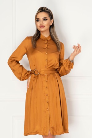 Rochie Pretty Girl mustar din vascoza cu cordon in talie si nasturi tip perla (19409)