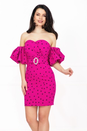 Rochie de zi cu buline Layla fucsia cu maneci gogosar (24926)
