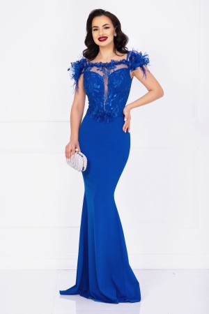 Rochie eleganta Noely albastru royal cu broderie pretioasa si fulgi (24988)