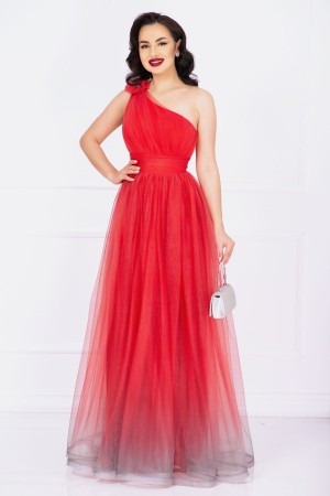Rochie rosie de nasa Kendra lunga in degrade eleganta din tulle cu floare 3D (24977)