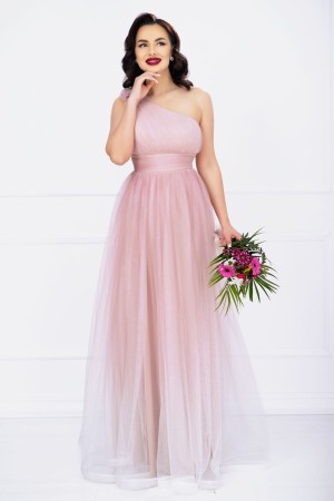Rochie de seara Kendra lunga rose in degrade eleganta din tulle cu floare 3D (24976)