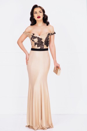 Rochie de seara MBG aurie lunga cu paiete (24974)