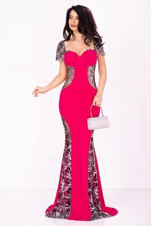 Rochie de lux Serena de seara fucsia cu paiete argintii si sclipici (25013)