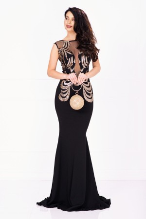 Rochie de seara eleganta lunga Bekky neagra cu model din paiete aurii (25017)