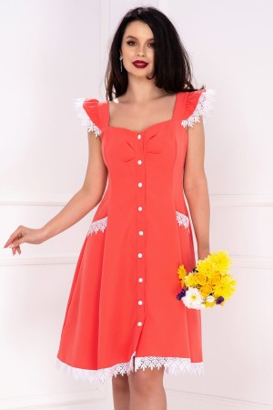 Rochie InPuff corai cu volanase la umeri si broderie aplicata (25122)
