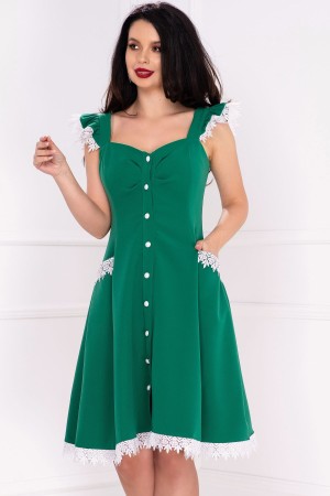 Rochie InPuff verde cu volanase la umeri si broderie aplicata (25121)