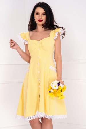 Rochie InPuff galbena cu volanase la umeri si broderie aplicata (25120)