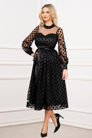Rochie InPuff de ocazie eleganta neagra din tulle cu buline din catifea (22791)