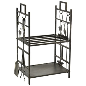 Outsunny Suport Lemne de Foc din Fier Forjat cu Instrumente pentru Semineu si Manere, Baza Suport Lemne Inaltata si Decorata, 51.5x33x77cm - Negru