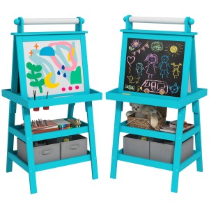 AIYAPLAY Tablă de Desen Dublă cu Magnet, Sul de Hârtie și Depozitare, Pentru Copii 3-6 Ani, 59x48x118 cm, Albastru | Aosom Romania