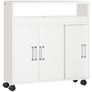 Kleankin Dulap Mobil Baie, Uși Glisante, Raft Reglabil, 4 Roți, PAL și Aluminiu, 70x20x71cm, Alb | Aosom Romania
