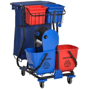 HOMCOM Cărucior pentru Curățenie cu Sac pentru Gunoi, 2 Găleți de 18L, 2 Găleți de 6L și Storcător, 93x80x97 cm, Roșu | Aosom Romania