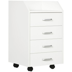 Vinsetto Dulap Birou din Lemn cu 4 Sertare, Fiset Birou cu Roti si Margini Inaltate, 40x36x65cm, Alb