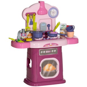 AIYAPLAY Bucătărie Jucărie pentru Copii 3-6 Ani cu 38 Accesorii, Sunete Realiste și Lumină la Cuptor, 51x21x60 cm, Roz | Aosom Romania