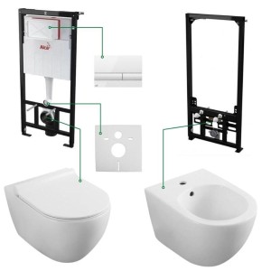 Set vas wc cu capac soft close si cu bideu, rezervor incastrat plus clapeta crom si izolare fonica, Minerva