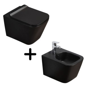 Set vas wc negru suspendat, rimless, cu capac soft close si bideu inclus, Paris (B2350BM + D2350BM)