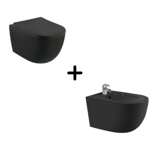 Set vas wc negru suspendat, rimless, cu capac soft close si bideu inclus, Minerva (2210BBM + 2210RBM)