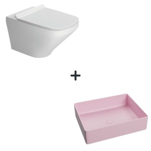 Set vas wc rimless cu capac soft close Bristol plus lavoar baie dreptunghiular roz mat (78570B(45)MP + B2353)