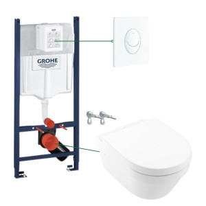 Set vas wc suspendat rimless cu capac VilleroyBoch, Architectura plus rezervor incastrat si clapeta alba Skate Air Grohe (4694HR01 + 38722001)